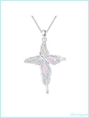 925 Sterling Silver Opal Butterfly Cross Pendant Necklace Confirmation Gift